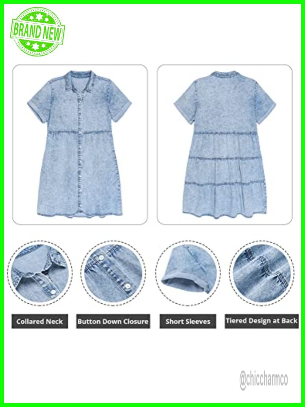 Babydoll Tiered Short Sleeve Button Down Denim Dress - Picture 5 of 6